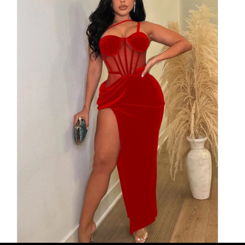 New Red Mesh Corset Velvet Dress